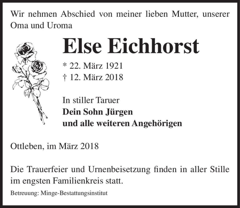  Traueranzeige für Else Eichhorst  vom 17.03.2018 aus Magdeburger Volksstimme