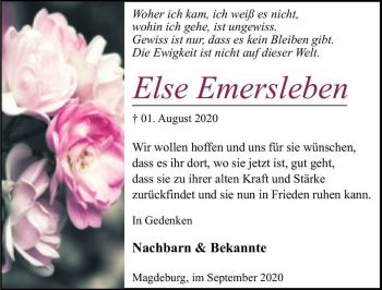 Traueranzeige von Else Emersleben  von Magdeburger Volksstimme