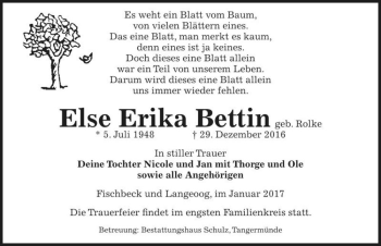 Traueranzeige von Else Erika Bettin (geb. Rolke)  von Magdeburger Volksstimme