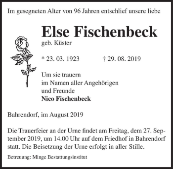 Traueranzeige von Else Fischenbeck (geb. Küster)  von Magdeburger Volksstimme