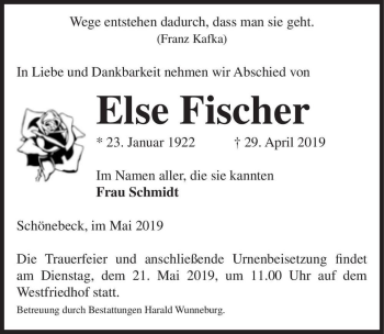 Traueranzeige von Else Fischer  von Magdeburger Volksstimme