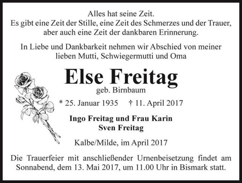  Traueranzeige für Else Freitag (geb. Birnbaum)  vom 29.04.2017 aus Magdeburger Volksstimme