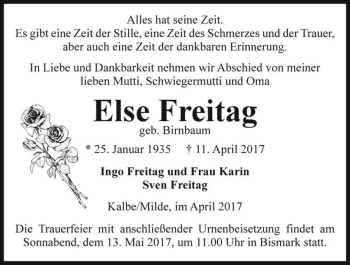 Traueranzeige von Else Freitag (geb. Birnbaum)  von Magdeburger Volksstimme