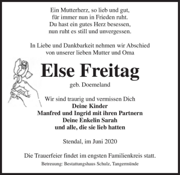 Traueranzeige von Else Freitag (geb. Doemeland)  von Magdeburger Volksstimme