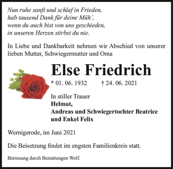 Traueranzeige von Else Friedrich  von Magdeburger Volksstimme