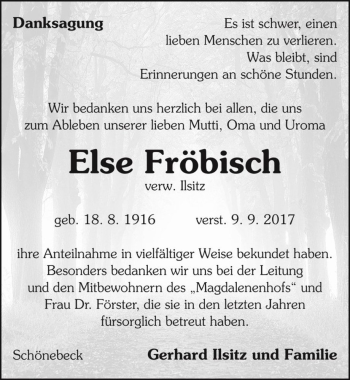 Traueranzeige von Else Fröbisch (verw. Ilsitz)  von Magdeburger Volksstimme