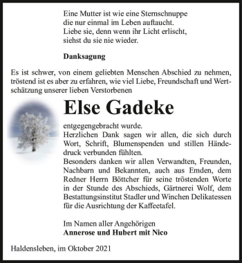 Traueranzeige von Else Gadeke  von Magdeburger Volksstimme