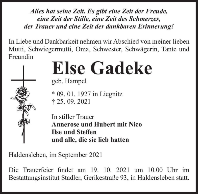  Traueranzeige für Else Gadeke (geb. Hampel)  vom 02.10.2021 aus Magdeburger Volksstimme