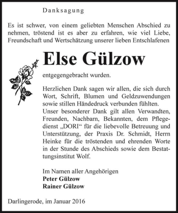 Traueranzeige von Else Gülzow  von Magdeburger Volksstimme