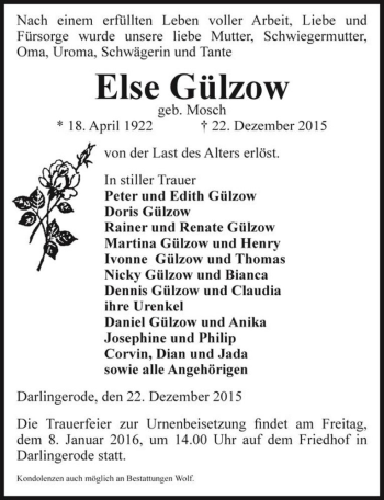 Traueranzeige von Else Gülzow (geb. Mosch)  von Magdeburger Volksstimme