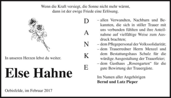 Traueranzeige von Else Hahne  von Magdeburger Volksstimme