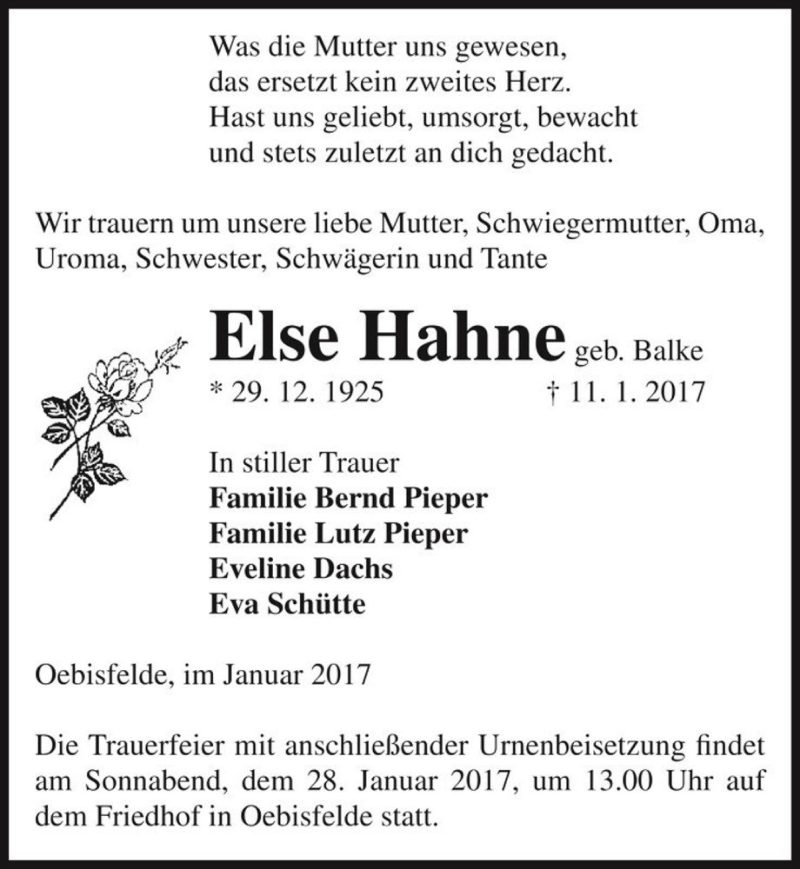 Traueranzeige für Else Hahne (geb. Balke)  vom 13.01.2017 aus Magdeburger Volksstimme