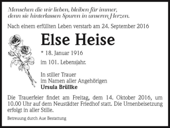 Traueranzeige von Else Heise  von Magdeburger Volksstimme