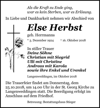 Traueranzeige von Else Herbst (geb. Herrmanns)  von Magdeburger Volksstimme