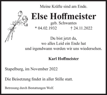 Traueranzeige von Else Hoffmeister (geb. Schwantes)  von Magdeburger Volksstimme