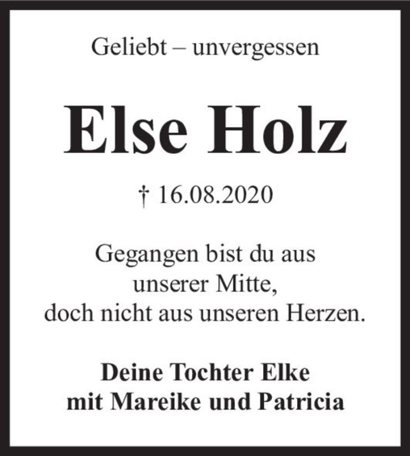  Traueranzeige für Else Holz  vom 17.08.2021 aus Magdeburger Volksstimme
