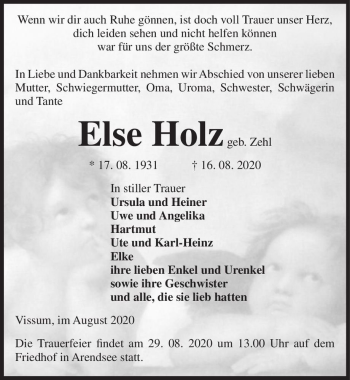 Traueranzeige von Else Holz (geb. Zehl)  von Magdeburger Volksstimme
