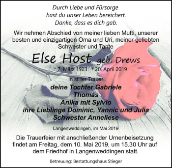 Traueranzeige von Else Host (geb. Drews)  von Magdeburger Volksstimme