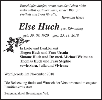 Traueranzeige von Else Huch (geb. Römmling)  von Magdeburger Volksstimme