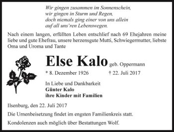 Traueranzeige von Else Kalo (geb. Oppermann)  von Magdeburger Volksstimme