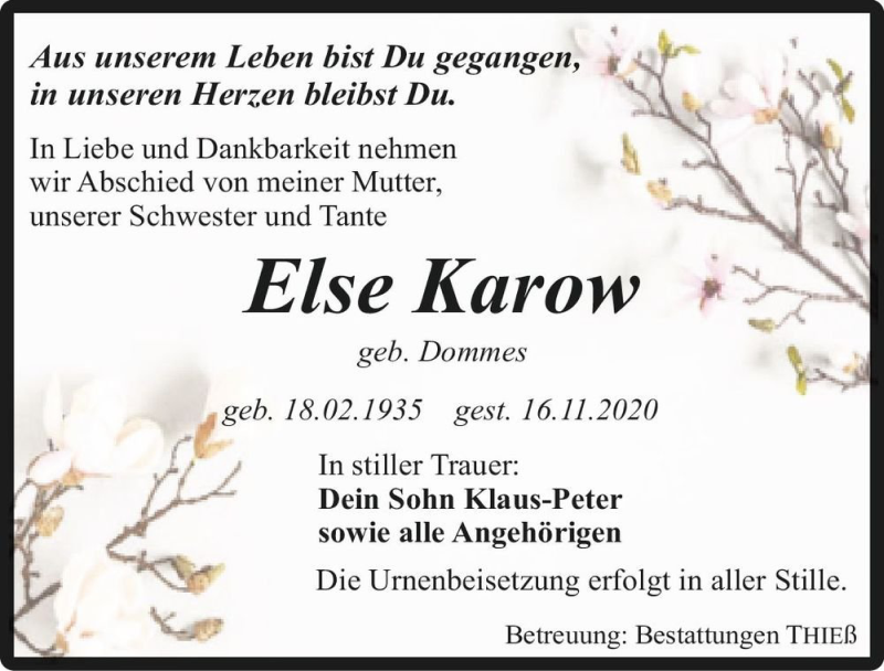  Traueranzeige für Else Karow (geb. Dommes)  vom 28.11.2020 aus Magdeburger Volksstimme