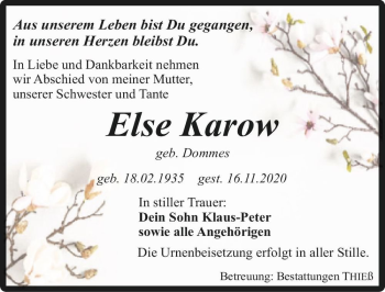Traueranzeige von Else Karow (geb. Dommes)  von Magdeburger Volksstimme
