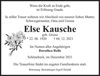Traueranzeige von Else Kausche (geb. Griese)  von Magdeburger Volksstimme
