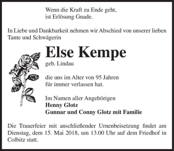 Traueranzeige von Else Kempe (geb. Lindau)  von Magdeburger Volksstimme
