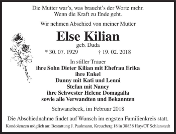 Traueranzeige von Else Kilian (geb. Duda)  von Magdeburger Volksstimme