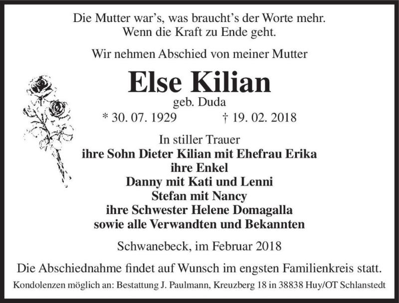  Traueranzeige für Else Kilian (geb. Duda)  vom 24.02.2018 aus Magdeburger Volksstimme
