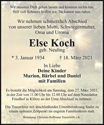 Traueranzeige von Else Koch (geb. Neuling)  von Magdeburger Volksstimme