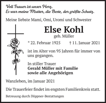 Traueranzeige von Else Kohl (geb. Müller)  von Magdeburger Volksstimme