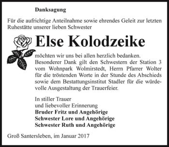 Traueranzeige von Else Kolodzeike  von Magdeburger Volksstimme