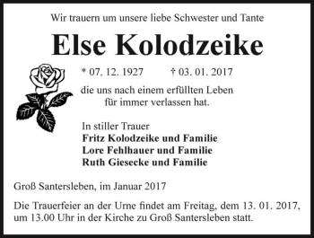 Traueranzeige von Else Kolodzeike  von Magdeburger Volksstimme