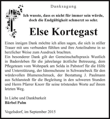 Traueranzeige von Else Kortegast  von Magdeburger Volksstimme