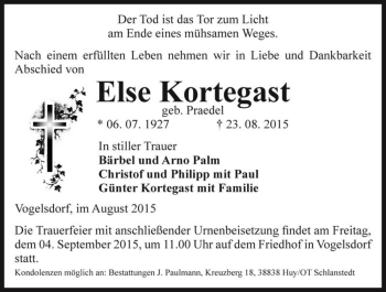 Traueranzeige von Else Kortegast (geb. Praedel)  von Magdeburger Volksstimme