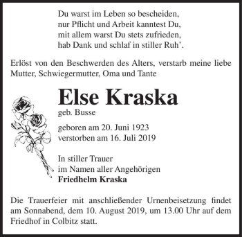 Traueranzeige von Else Kraska (geb. Busse)  von Magdeburger Volksstimme