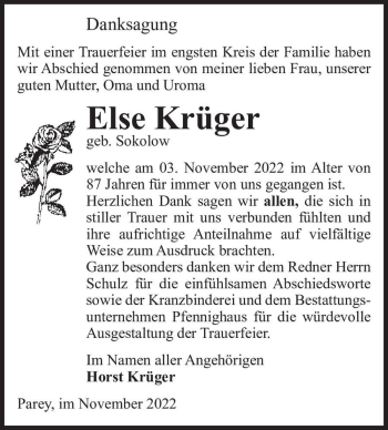 Traueranzeige von Else Krüger (geb. Sokolow)  von Magdeburger Volksstimme