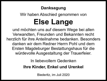 Traueranzeige von Else Lange  von Magdeburger Volksstimme