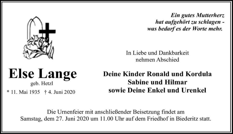  Traueranzeige für Else Lange (geb. Hetzl)  vom 20.06.2020 aus Magdeburger Volksstimme
