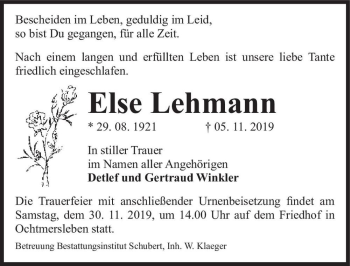 Traueranzeige von Else Lehmann  von Magdeburger Volksstimme