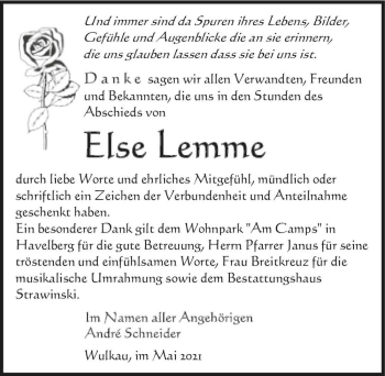 Traueranzeige von Else Lemme  von Magdeburger Volksstimme