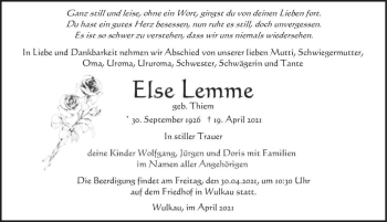 Traueranzeige von Else Lemme (geb. Thiem)  von Magdeburger Volksstimme