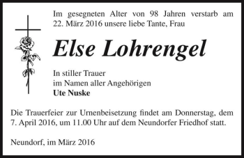 Traueranzeige von Else Lohrengel  von Magdeburger Volksstimme