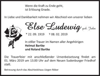 Traueranzeige von Else Ludewig (geb. Jahn)  von Magdeburger Volksstimme