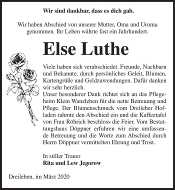 Traueranzeige von Else Luthe  von Magdeburger Volksstimme
