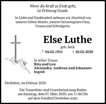Traueranzeige von Else Luthe (geb. Beck)  von Magdeburger Volksstimme
