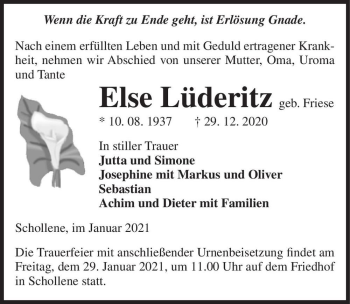 Traueranzeige von Else Lüderitz (geb. Friese)  von Magdeburger Volksstimme