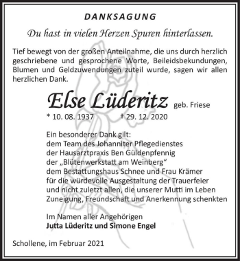 Traueranzeige von Else Lüderitz (geb. Friese)  von Magdeburger Volksstimme