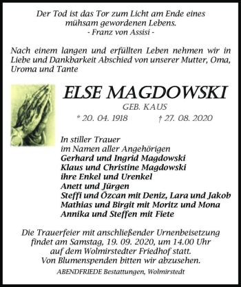 Traueranzeige von Else Magdowski (geb. Kaus)  von Magdeburger Volksstimme